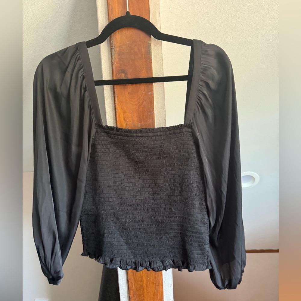 Jcrew Squareneck smocked satin cropped top, small, black, NWOT